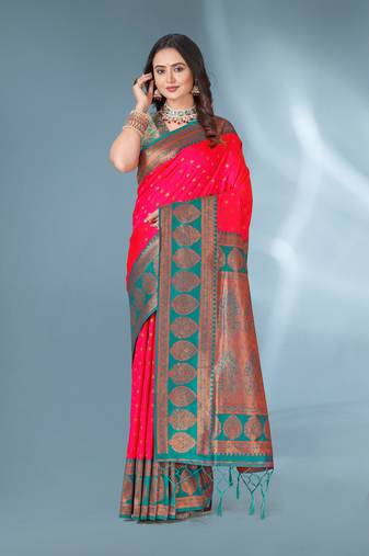 Pink polka paithani silk contrast zari woven saree with unstitched blouse