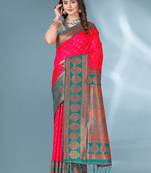 Pink polka paithani silk contrast zari woven saree with unstitched blouse