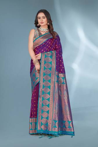 Purple polka paithani silk contrast zari woven saree with unstitched blouse