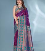 Purple polka paithani silk contrast zari woven saree with unstitched blouse