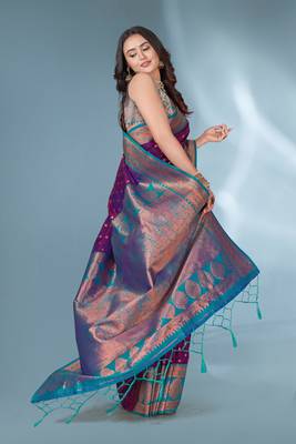 Purple polka paithani silk contrast zari woven saree with unstitched blouse 2