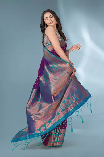 Purple polka paithani silk contrast zari woven saree with unstitched blouse