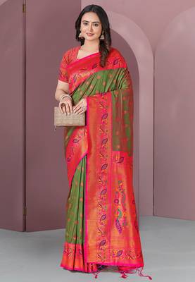 Mehendi Green Original Meenakari Paithani Silk Zari Woven Saree 1