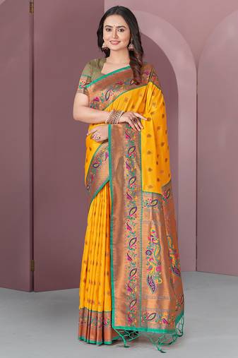 Yellow Original Meenakari Paithani Silk Zari Woven Saree