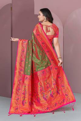 Mehendi Green Original Meenakari Paithani Silk Zari Woven Saree 4