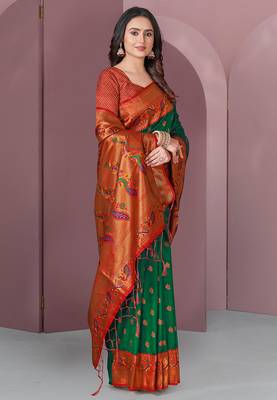 Green With Red Original Meenakari Paithani Silk Zari Woven Saree 3