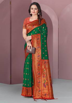 Green With Red Original Meenakari Paithani Silk Zari Woven Saree 1
