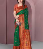 Green With Red Original Meenakari Paithani Silk Zari Woven Saree