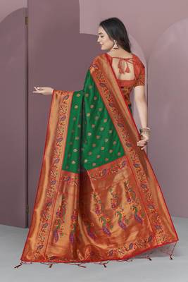 Green With Red Original Meenakari Paithani Silk Zari Woven Saree 4