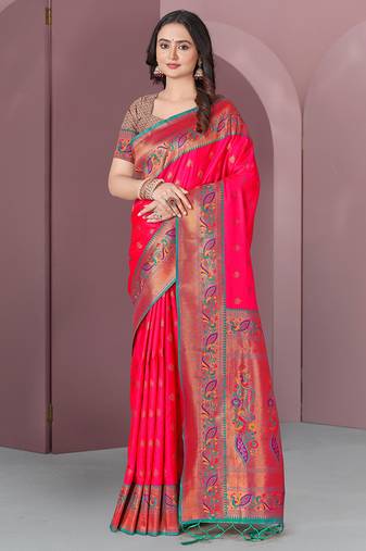 Pink Original Meenakari Paithani Silk Zari Woven Saree
