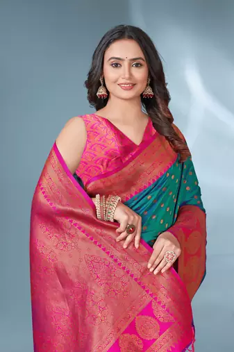 Green With Pink Polka Paithani Silk Contrast Zari Woven Saree With Unstitched Blouse