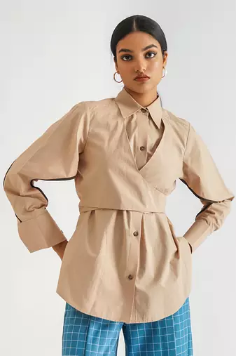 Beige cotton poplin tops