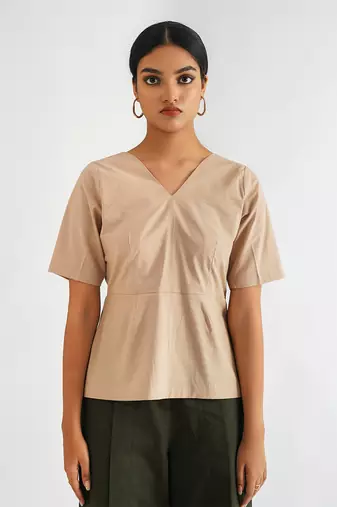 Beige cotton poplin tops