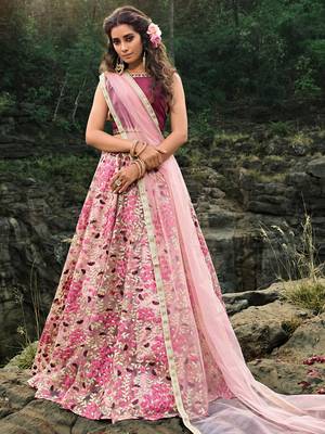 maroon thread embroidered work net lehenga set choli with dupatta 1
