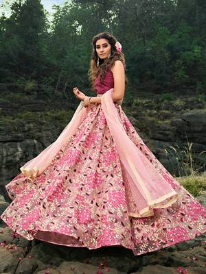 maroon thread embroidered work net lehenga set choli with dupatta 2