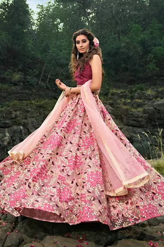maroon thread embroidered work net lehenga set choli with dupatta