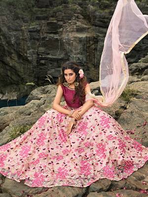 maroon thread embroidered work net lehenga set choli with dupatta 3