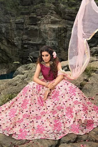 maroon thread embroidered work net lehenga set choli with dupatta