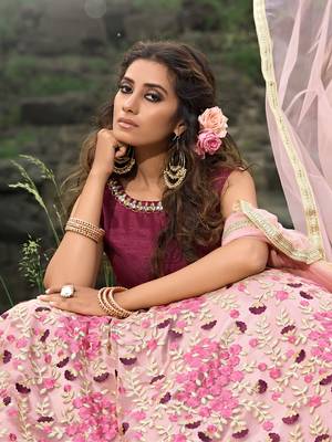 maroon thread embroidered work net lehenga set choli with dupatta 4