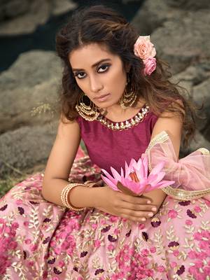 maroon thread embroidered work net lehenga set choli with dupatta 5