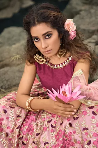 maroon thread embroidered work net lehenga set choli with dupatta