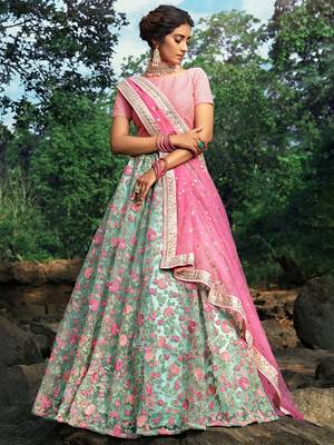 Wonderful Green Floral Thread Embroidered Net Wedding Wear Lehenga Choli 1
