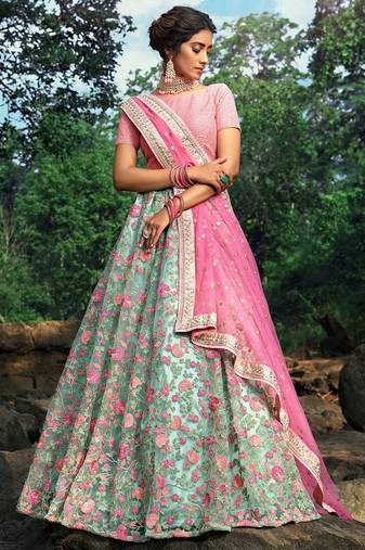 Wonderful Green Floral Thread Embroidered Net Wedding Wear Lehenga Choli