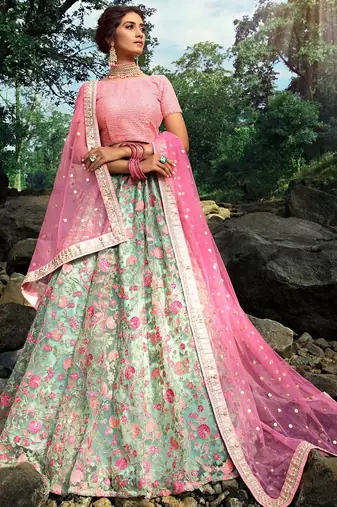Wonderful Green Floral Thread Embroidered Net Wedding Wear Lehenga Choli