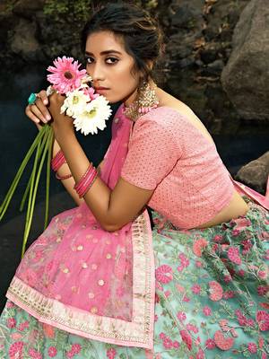 Wonderful Green Floral Thread Embroidered Net Wedding Wear Lehenga Choli 3