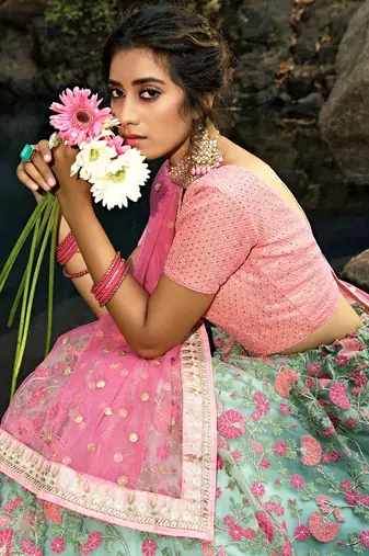 Wonderful Green Floral Thread Embroidered Net Wedding Wear Lehenga Choli