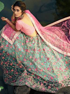 Wonderful Green Floral Thread Embroidered Net Wedding Wear Lehenga Choli 4