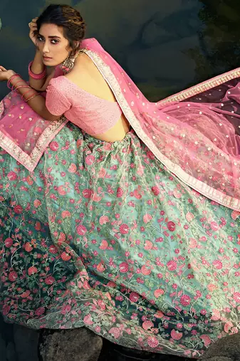 Wonderful Green Floral Thread Embroidered Net Wedding Wear Lehenga Choli
