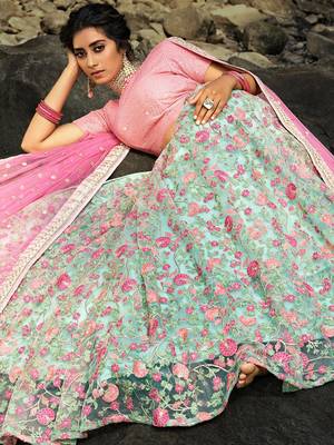 Wonderful Green Floral Thread Embroidered Net Wedding Wear Lehenga Choli 5