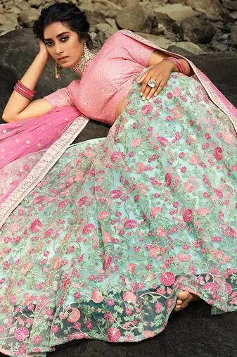 Wonderful Green Floral Thread Embroidered Net Wedding Wear Lehenga Choli
