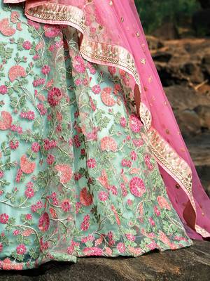 Wonderful Green Floral Thread Embroidered Net Wedding Wear Lehenga Choli 6
