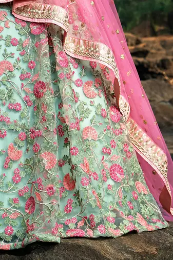 Wonderful Green Floral Thread Embroidered Net Wedding Wear Lehenga Choli
