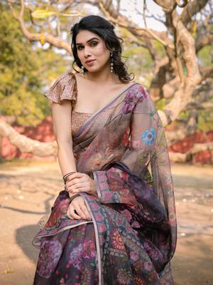 Dark wine organza floral print zari border saree with unstitched blouse piece 1