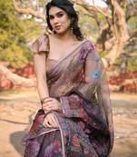 Dark wine organza floral print zari border saree with unstitched blouse piece