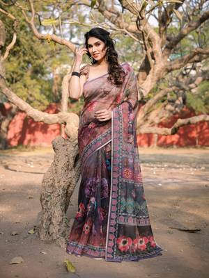 Dark wine organza floral print zari border saree with unstitched blouse piece 2