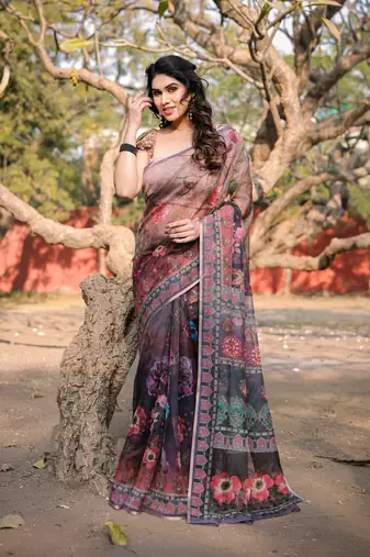 Dark wine organza floral print zari border saree with unstitched blouse piece