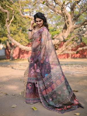 Dark wine organza floral print zari border saree with unstitched blouse piece 3