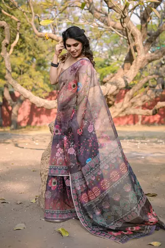 Dark wine organza floral print zari border saree with unstitched blouse piece