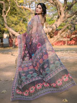 Dark wine organza floral print zari border saree with unstitched blouse piece 4