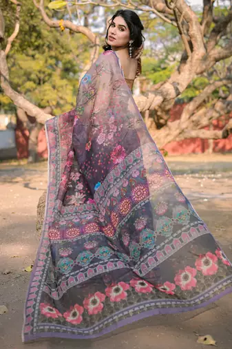 Dark wine organza floral print zari border saree with unstitched blouse piece