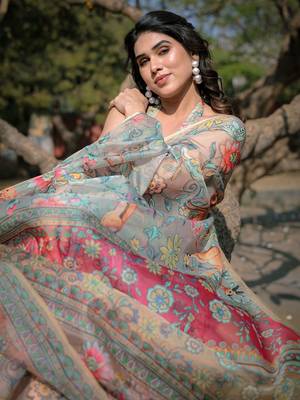 Beige organza floral print/animal print zari border saree with unstitched blouse piece 1