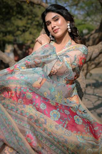 Beige organza floral print/animal print zari border saree with unstitched blouse piece