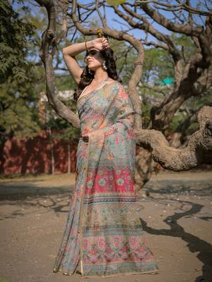 Beige organza floral print/animal print zari border saree with unstitched blouse piece 3
