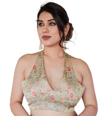 Beige organza floral print/animal print zari border saree with unstitched blouse piece 5