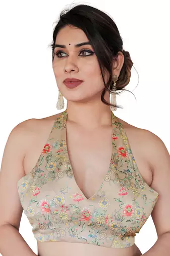 Beige organza floral print/animal print zari border saree with unstitched blouse piece