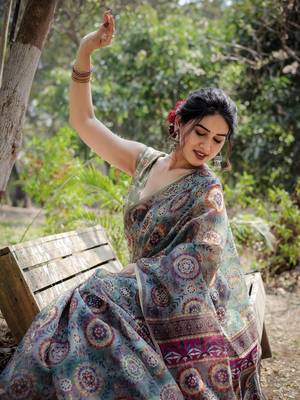 Dusty Green Organza Ajrakh Print Zari Border Saree With Unstitched Blouse Piece 1